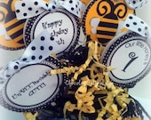 BUMBLE BEE Handmade Personalized Yellow and Black Polka dot Cupcake Toppers by Chocolatetulipdesign