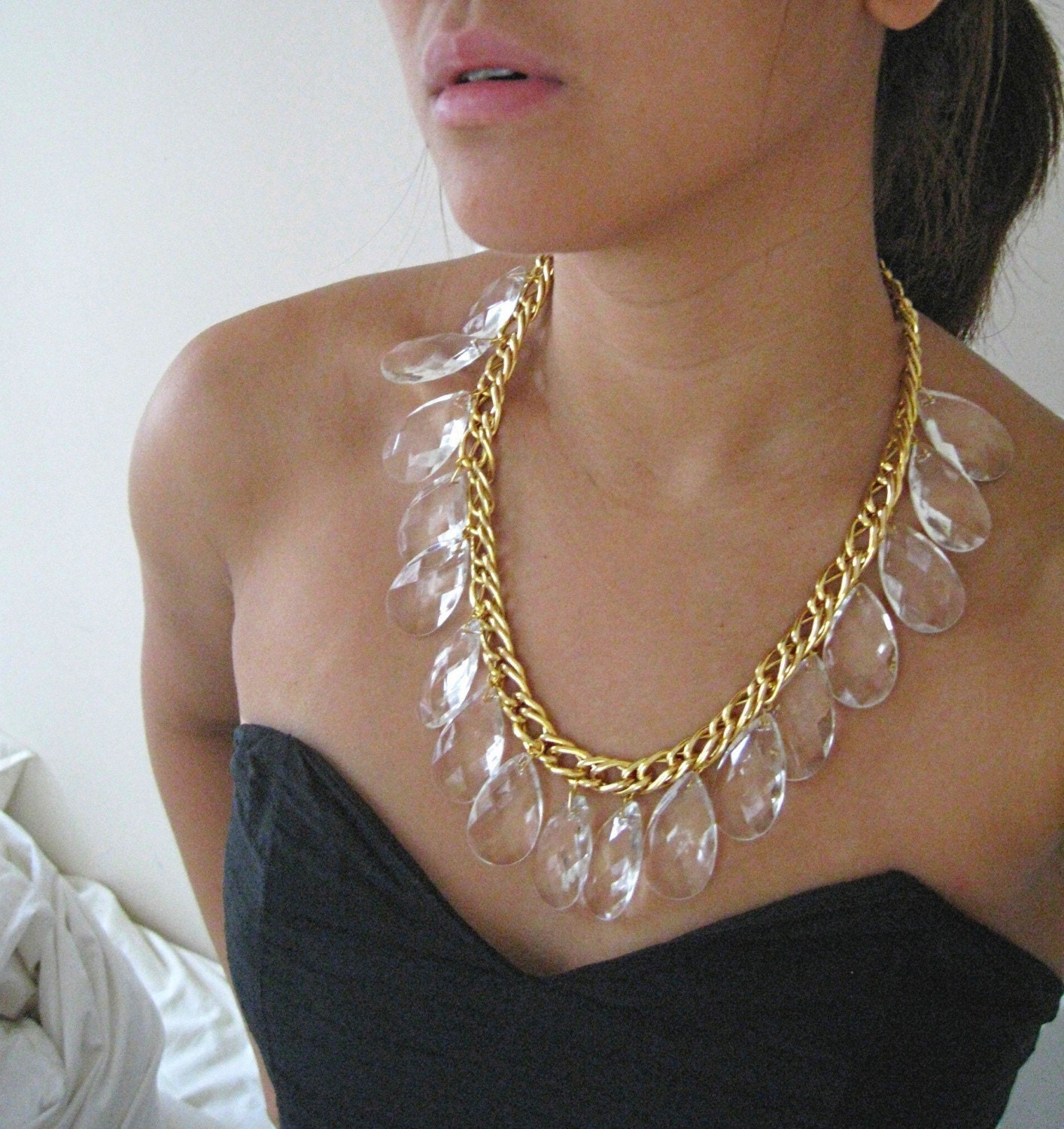 The Alexa Statement Necklace - Chandelier teardrops on vintage gold chain