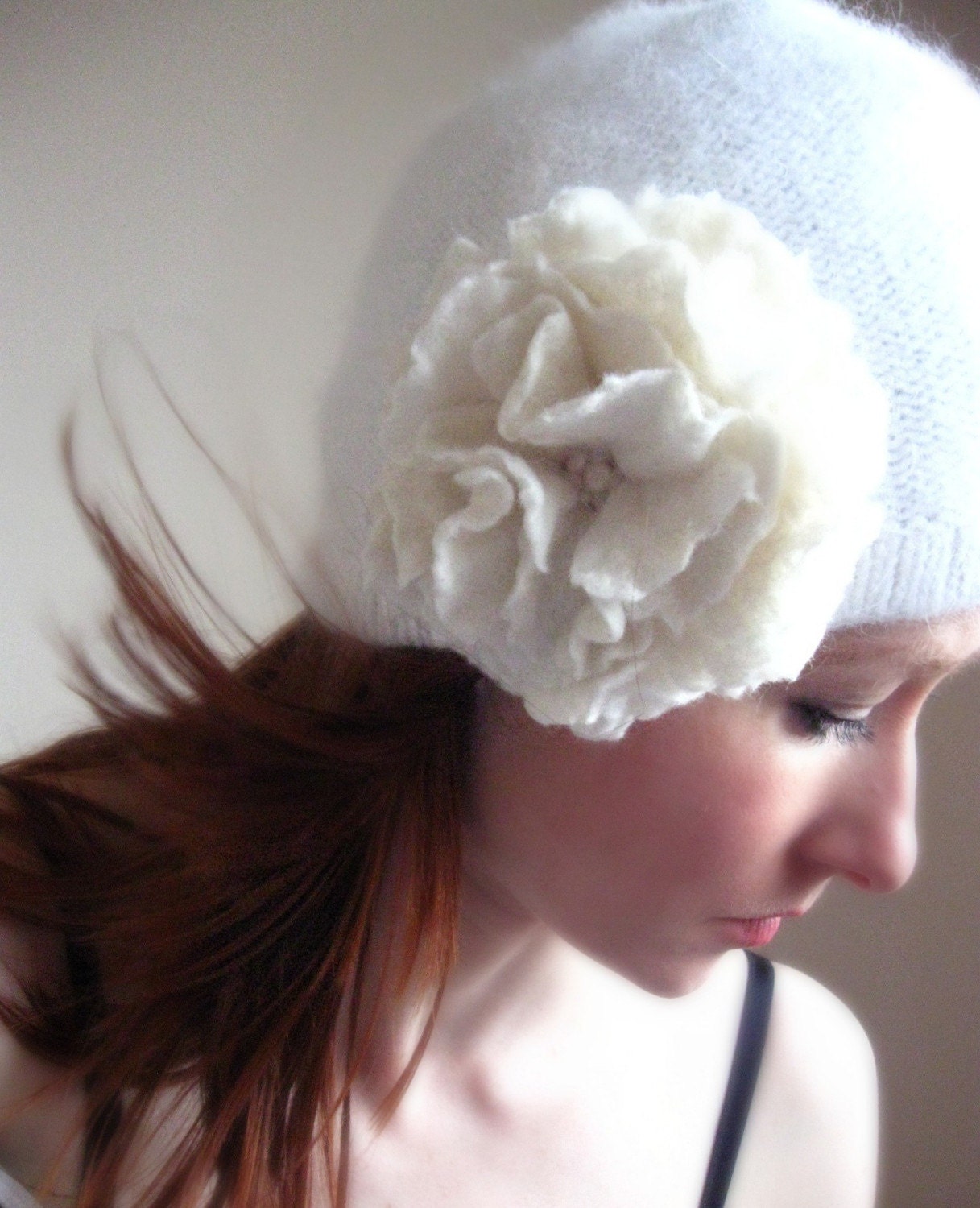 Snow White -Soft Angora Cap-Hat- With Felt Flower Brooch-Hand Felted-From Wool-Large Size
