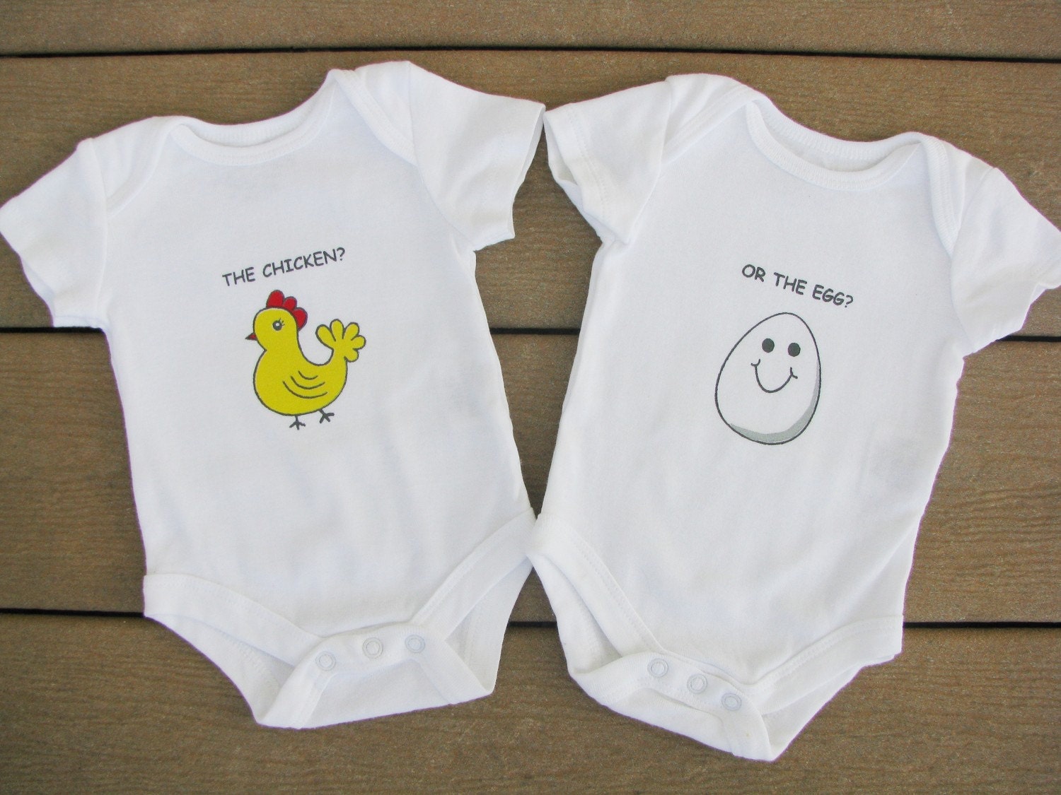 Twin Baby Onesies Chicken or the Egg - "Who Came First"