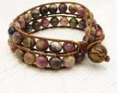 Tourmaline & Leather Double Wrap Bracelet / watermelon pink green fruit colors / rustic country design / bohemian fashion