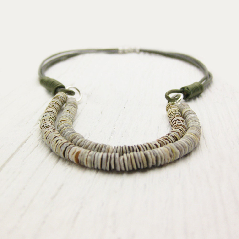 Shell & Leather Statement Necklace / Heishi Shell Sterling Silver with Eco Friendly Leather / beach boho tribal metallic earthy natural
