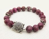 Fuchsia Fossil Coronoid Jasper Bead Bracelet With Sterling Silver Turtle / garden and reptile inspired / bright colorful purple pink shades