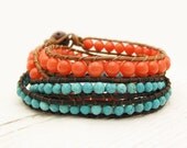 Tangerine Coral & Turquoise Wrap Bracelet Set / boho bohemian tribal ethnic orange blue / bright colorful stacking