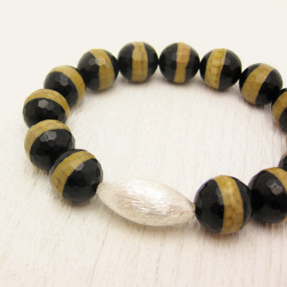 Gold Zebra Agate Bead Bracelet with Brushed Sterling Silver / safari night bohemian modern stripes color block inspired / metallic neutral