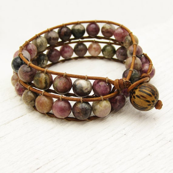 Tourmaline & Leather Double Wrap Bracelet / watermelon pink green fruit colors / rustic country design / bohemian fashion