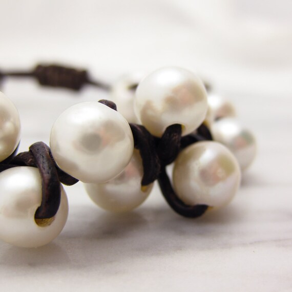 Leather and Pearl Bracelet: Knotted with Natural Fresh Water White Pearls / nature nautical ocean clam snow inspired / cream organic