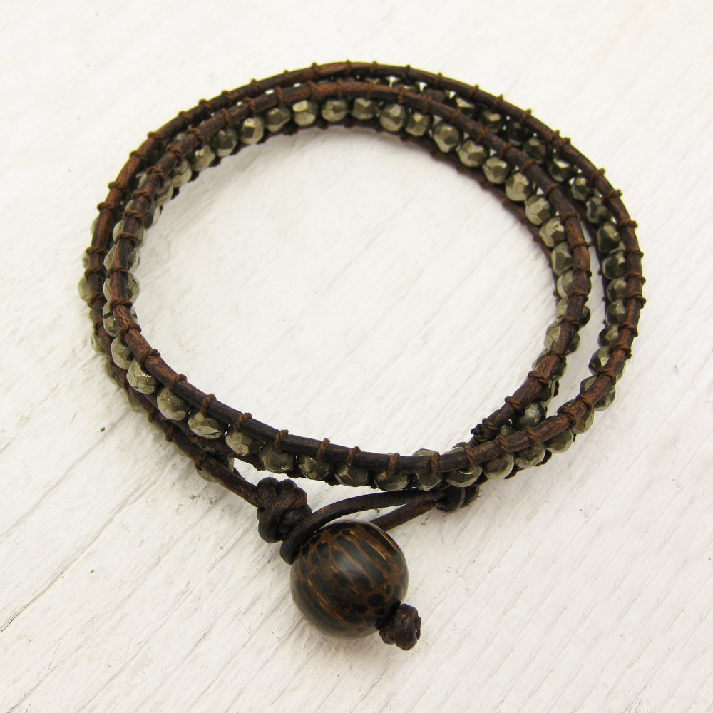 Pyrite Leather Wrap Bracelet with Coconut Wood and 100% Silk: fools gold dude unisex brown inspired by woodland tree coffee
