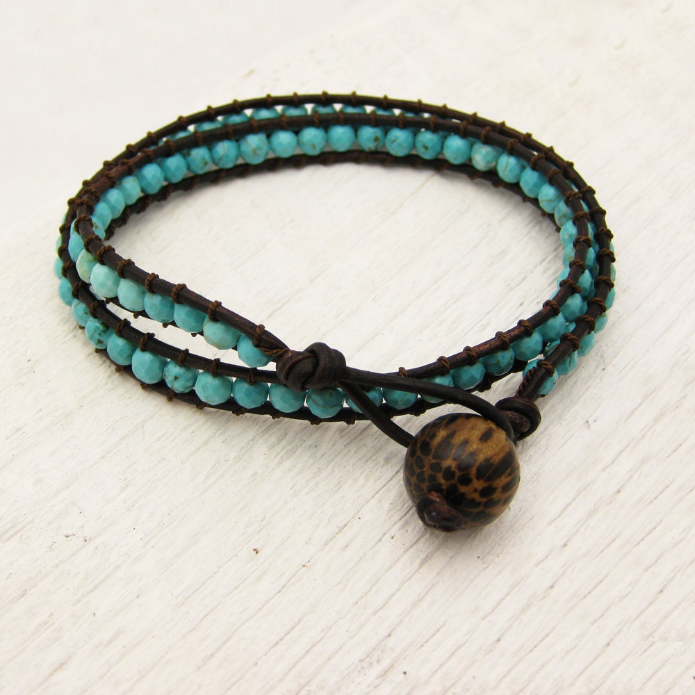 Turquoise Leather Wrap Bracelet / Eco Friendly Leather Coconut Wood Silk / sky blue southwestern bohemian unisex wrap bracelet