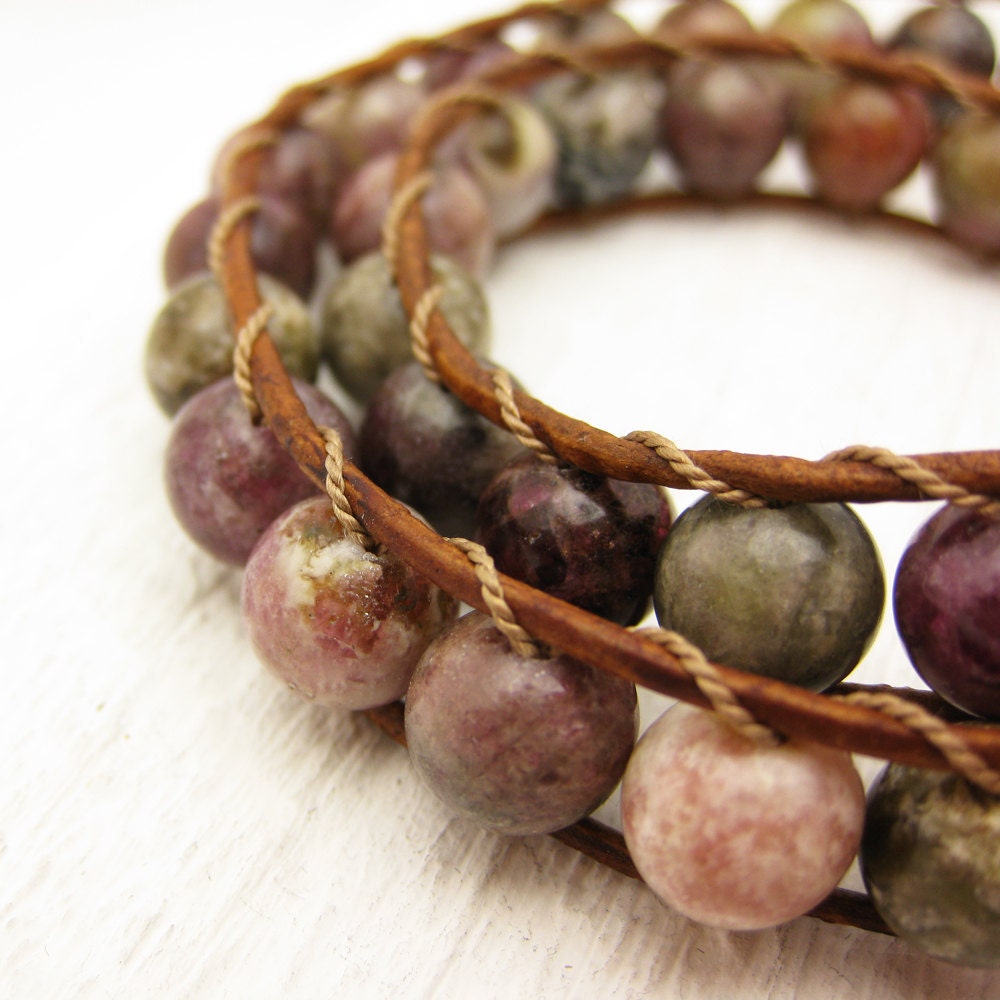 Tourmaline & Leather Double Wrap Bracelet / watermelon pink green fruit colors / rustic country design / bohemian fashion