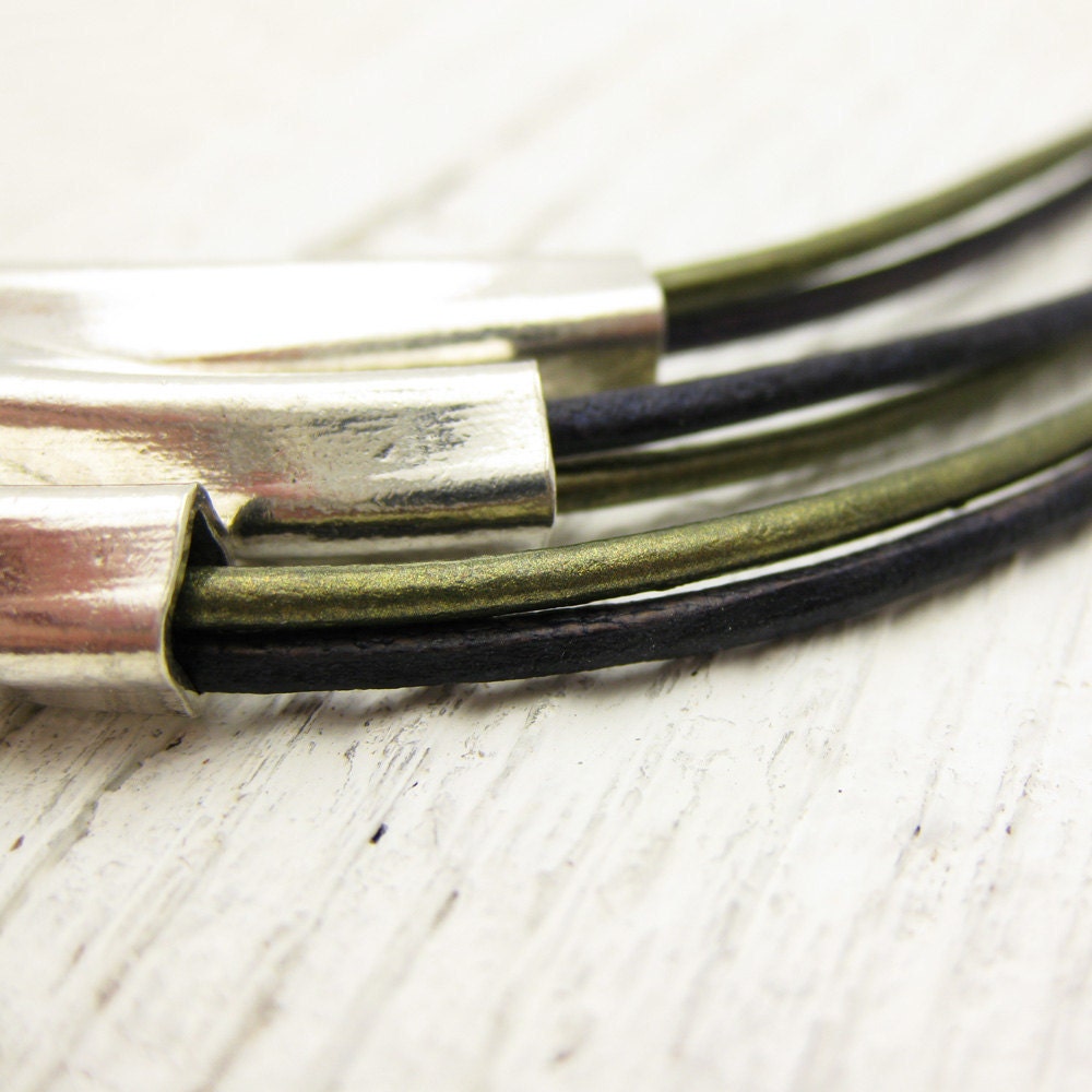 Leather & Sterling Geometric Tubes Necklace / Solid Sterling Silver / Eco Friendly Leather / olive blue metallic bib statement necklace