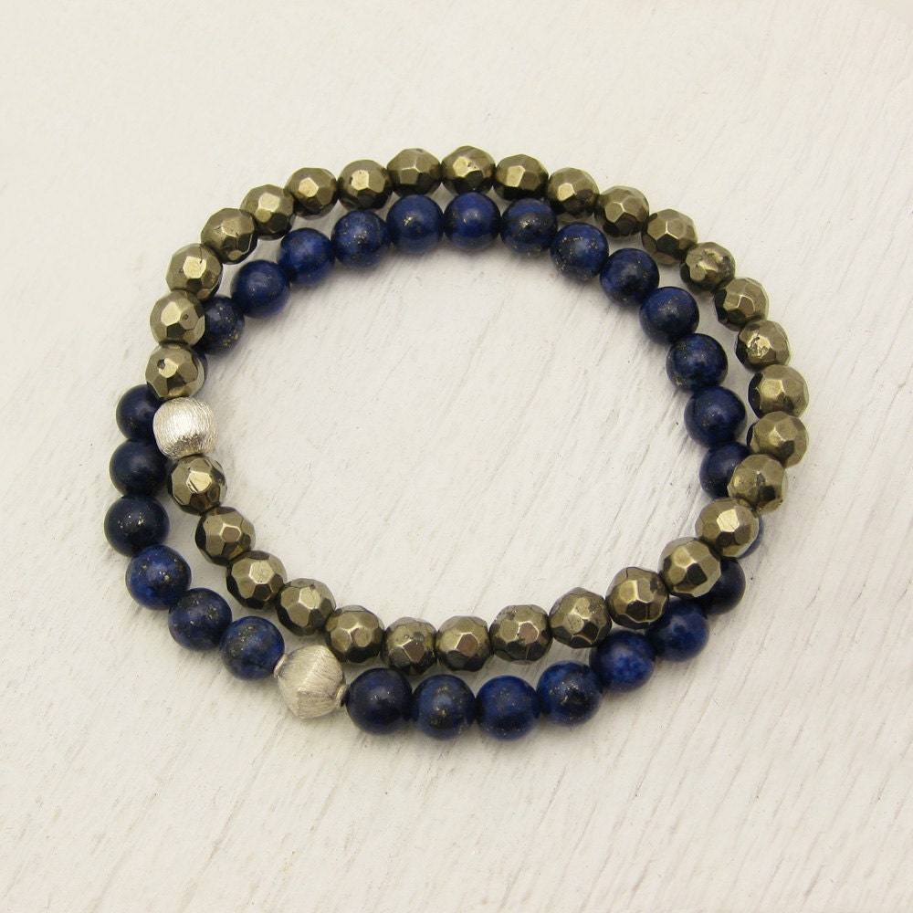 Lapis Lazuli Starry Night Bracelet with Brushed Sterling Silver / navy blue gold / nautical sky star sea inspired / diamond silver focal be