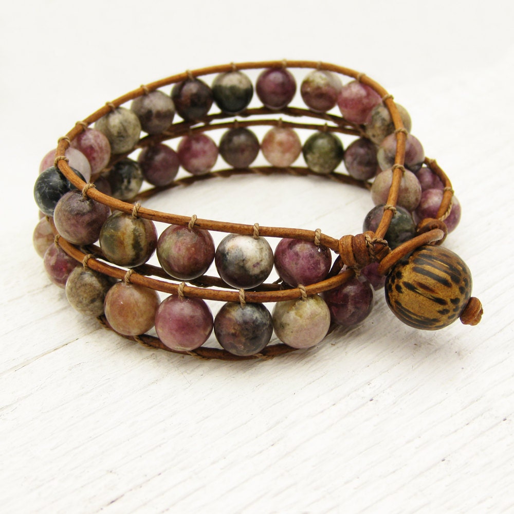 Tourmaline & Leather Double Wrap Bracelet / watermelon pink green fruit colors / rustic country design / bohemian fashion