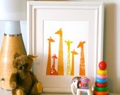 giraffes 8X10 giclee print on fine art paper. orange & yellow.