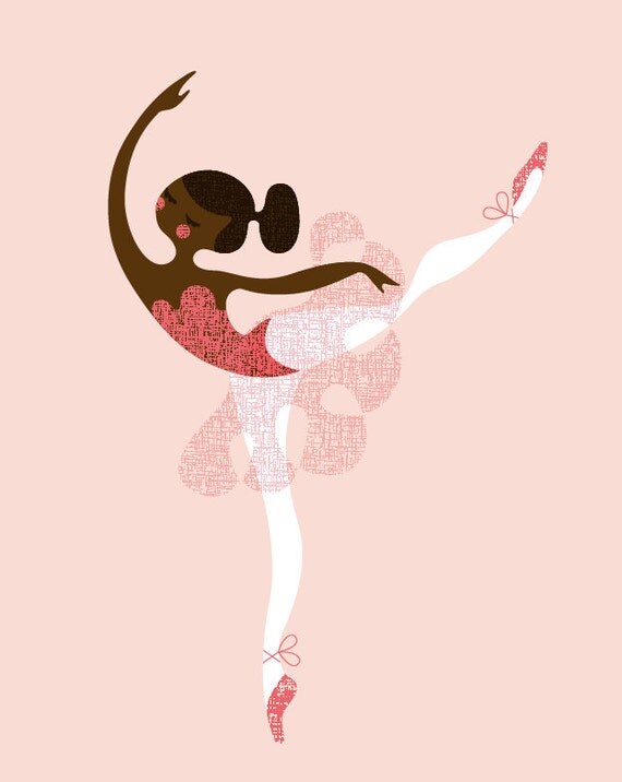 ballerina arabesque giclée print. 8X10. pink/brown. African American skin tone.