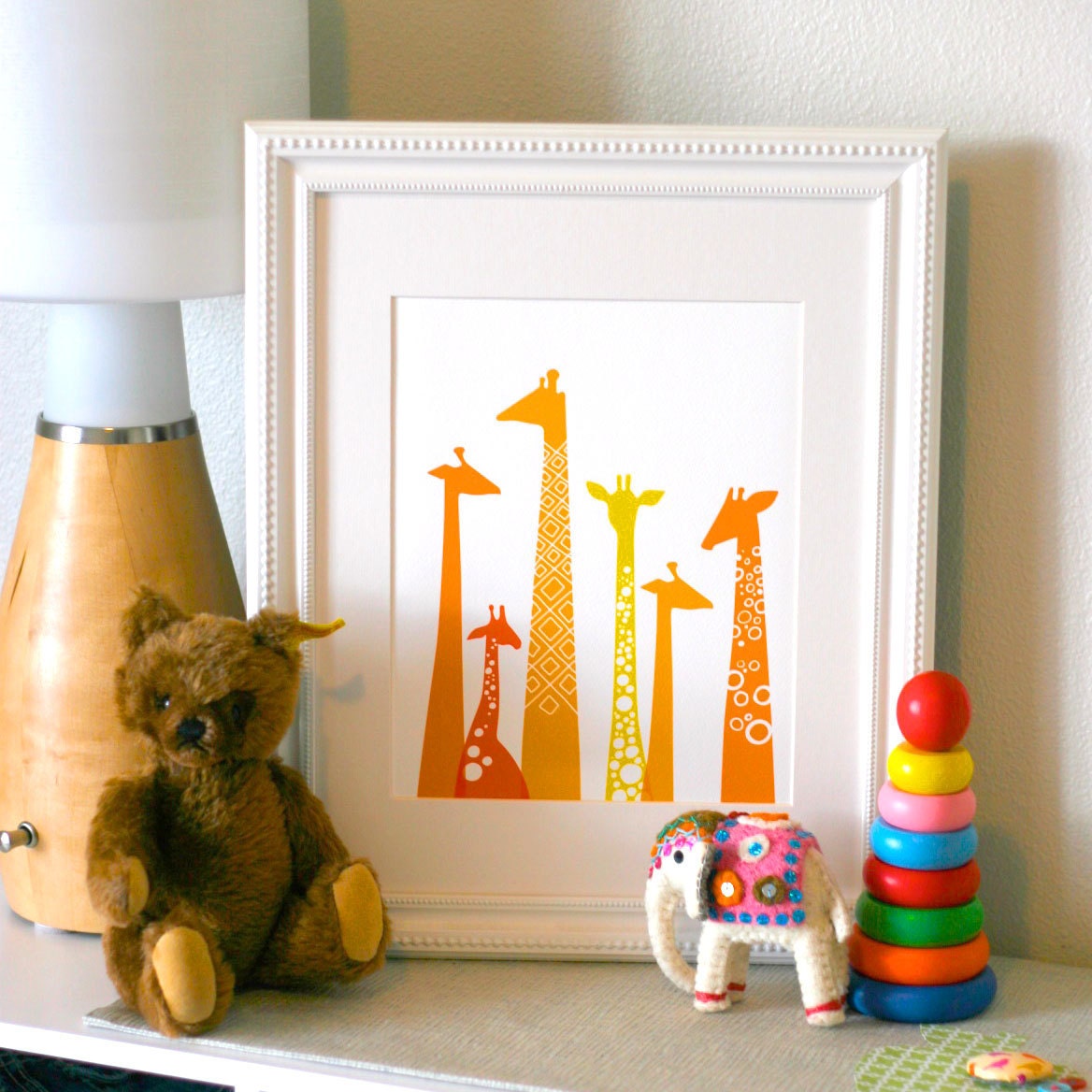 giraffes 8X10 giclee. yellow, chartreuse & gray.