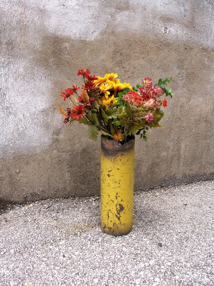 Dandelion Yellow Metal Art Vase, Industrial Decor - Wet, Dry Flower Vase