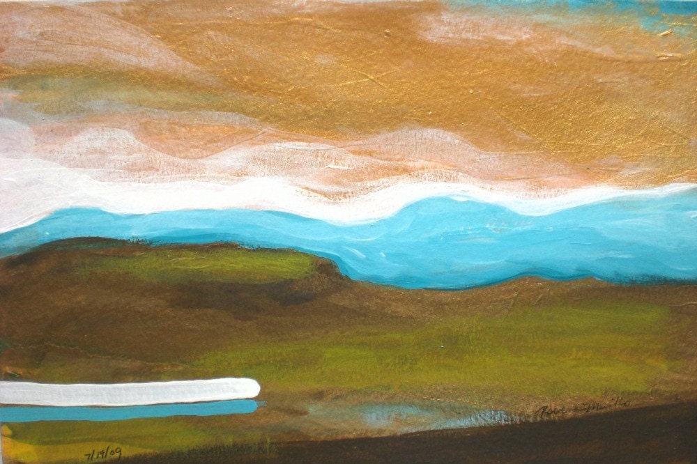 Golden Traveling, small ooak original acrylic painting 5.5x8.5 inches