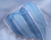 Pillow, Blue Silk, Hand Embroidered Ribbon, Boudoir, Asymmetrical Heart