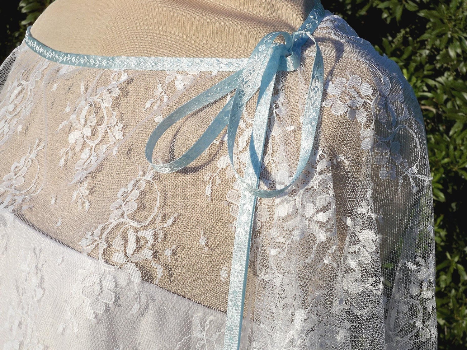 Bridal Shrug, White Lace, Blue Ribbon Trim, Something Blue, One Size, Quinceanera