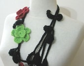 Crochet Flower Lariat Green Black Red Hand Crocheted Scarf Scarflette Jewelry Cable with Rose READY TO SHIPPING