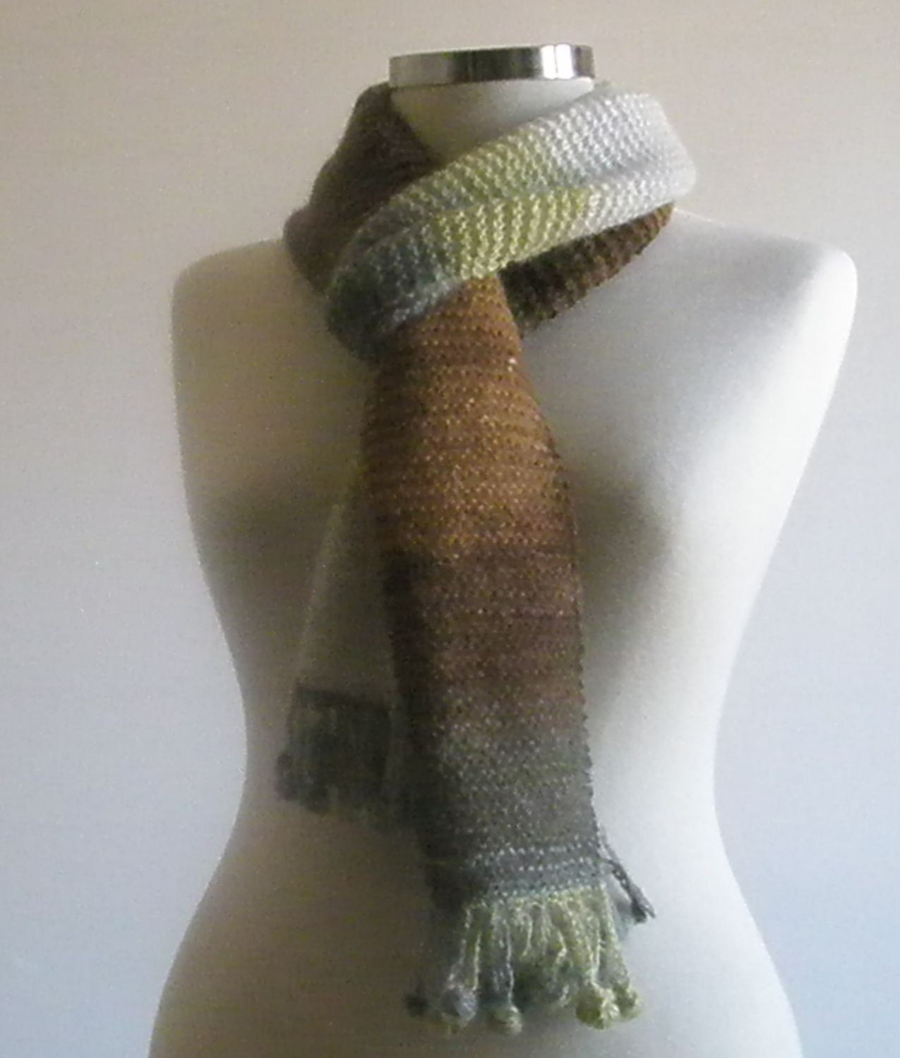 Knitting Colorful Scarf Hand Knitted Wrap Green Brown Caramel Grey Very Soft READY TO SHIPPING
