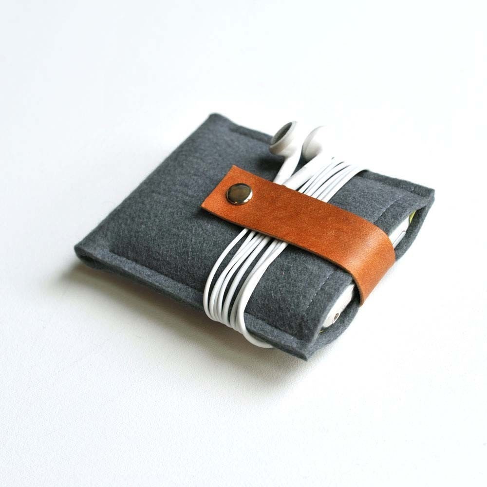 iPhone/iPod Case - Gunmetal Wool Felt with Brown Leather