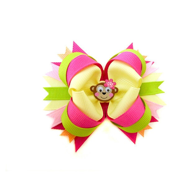Girly Monkey Hair Bow, Monkey Boutique Bow, 3" Stacked Bow, Spikes, Citrus, Hot Pink, Back to School, Speak No Evil