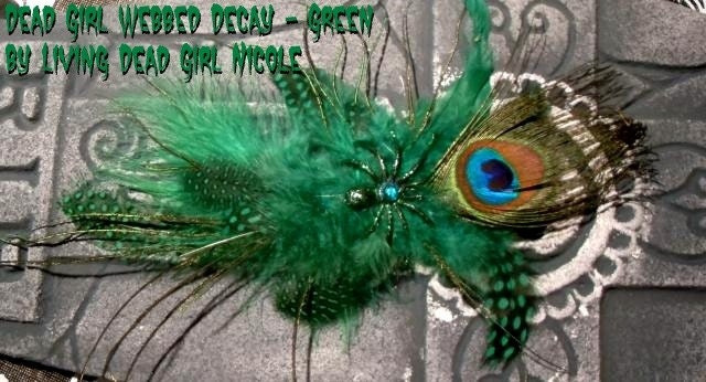 Dead Girl Webbed Decay Green and Peacock Feather Spider Rhinestone Barrette