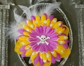 Dead Girl Decay Polka Dot and Pirates Yellow Light Purple and White Skull and Crossbones Feather and Flower Hair Barrette