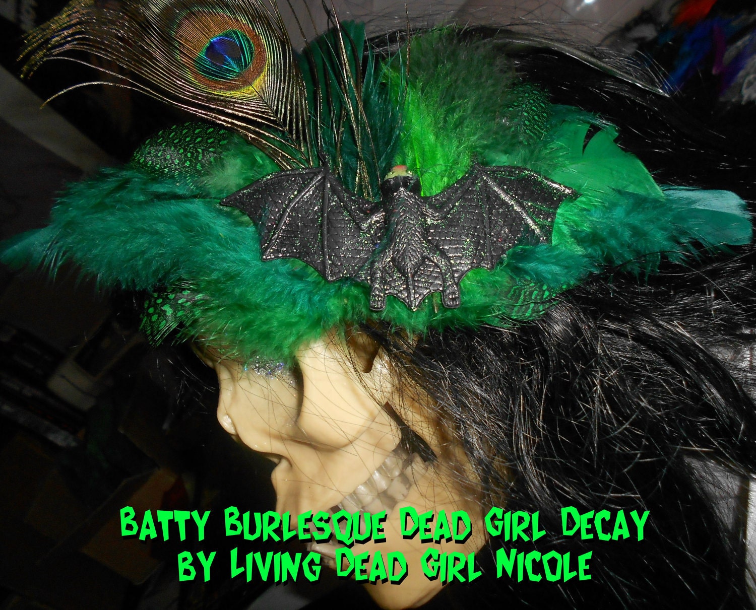 Dead Girl  Batty Burlesque Decay  Large Green Feather Barrette and Pin