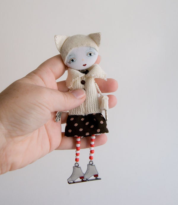 Art Doll Brooch Cat Hat mixed media collage - Free worldwide shipping