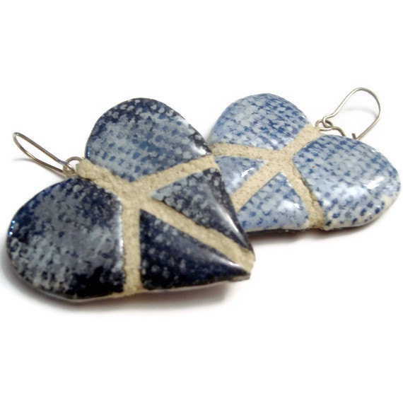 Peace Sign Heart Earrings : Denim Mosaic Tile REVERSIBLE