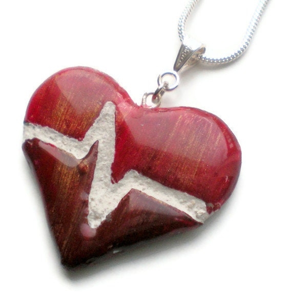 Heart Necklace : Red and Gold Beating Heart Mosaic Tile Reversible