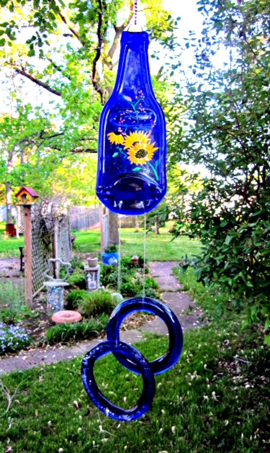 Blue Beer Bottle Wind Chime, Recycled, Eco Friendly Hand Painted