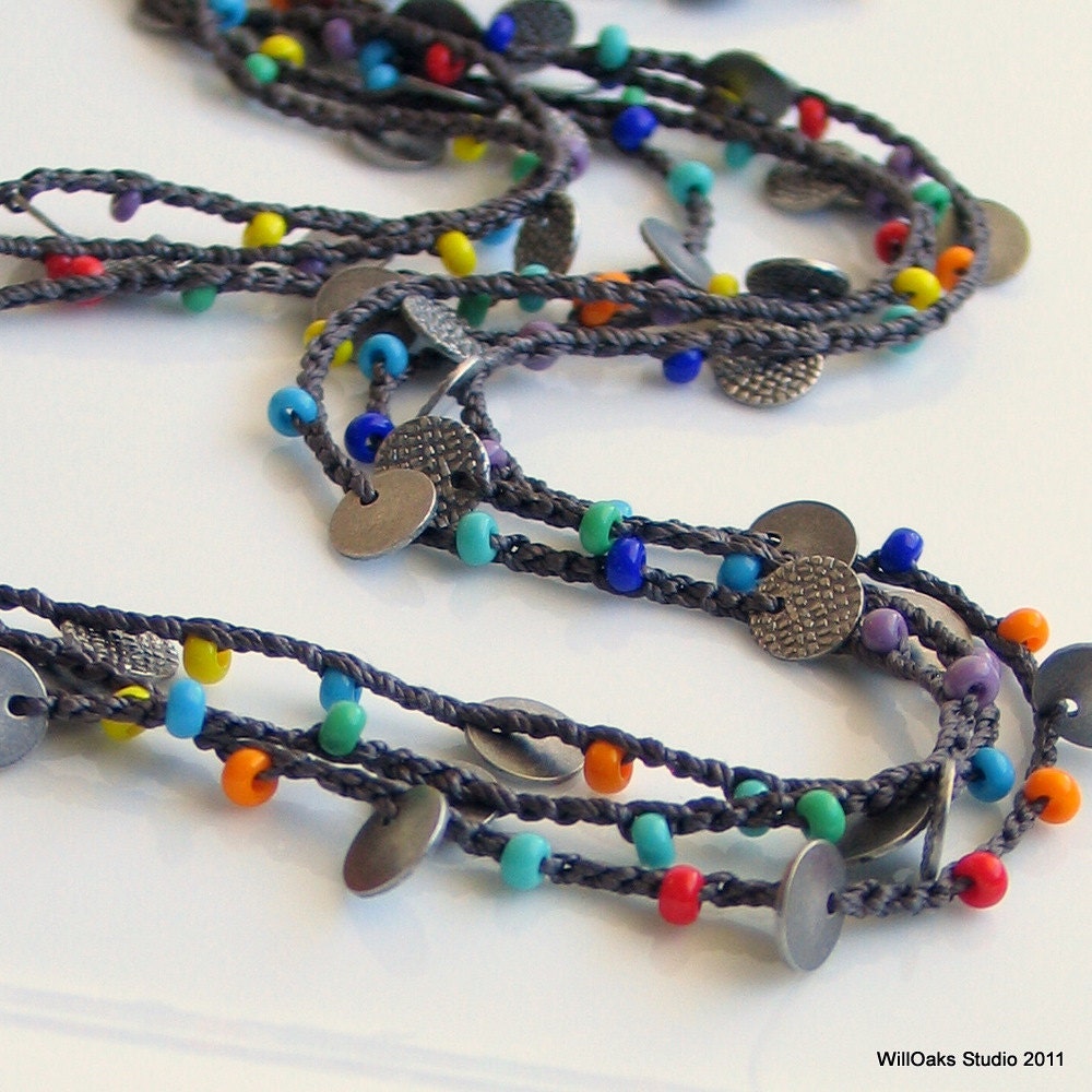 Beaded Crochet Necklace or Cuff, Multi-strand Silk with Antiqued Silver Disks and Multicolored Glass, Long Silk Chain