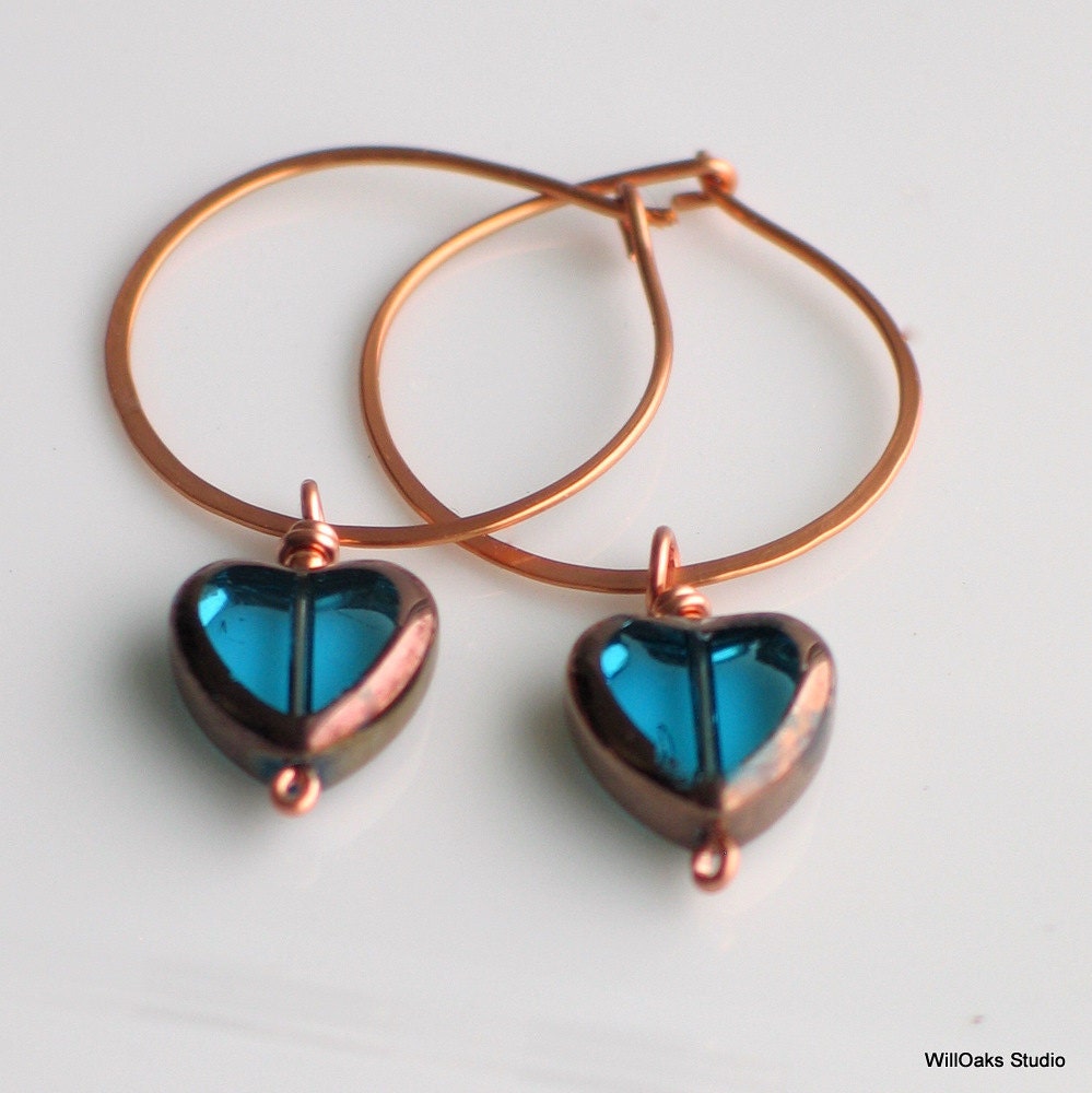 Teal Blue Heart Earrings, Heart Dangle Hoops, Czech Glass Heart on Handmade Copper Hoop Earrings, Heart Earrings for Giving