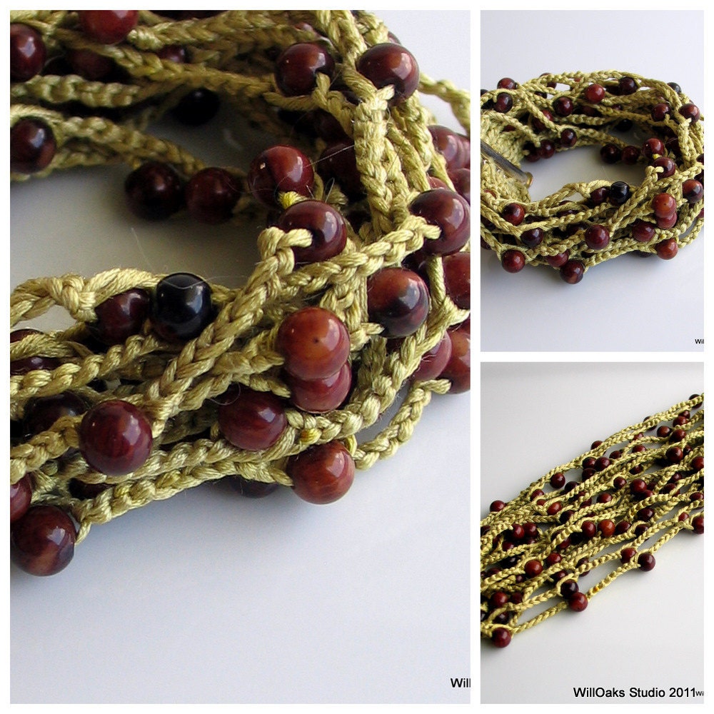 Crochet Bead Cuff, Silk Cuff Bracelet with Brown Bamboo Coral Beads, Pantone Color Bamboo