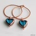 Teal Blue Heart Earrings, Heart Dangle Hoops, Czech Glass Heart on Handmade Copper Hoop Earrings, Heart Earrings for Giving