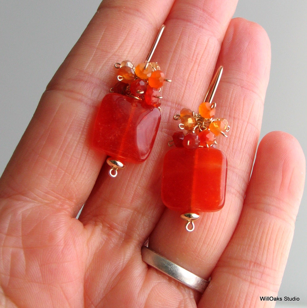 Tangerine Tango Square Gemstone Dangle Earrings, Orange Quartz Citrine Carnelian on Gold Earrings, Sunset Colors, Pantone for 2012
