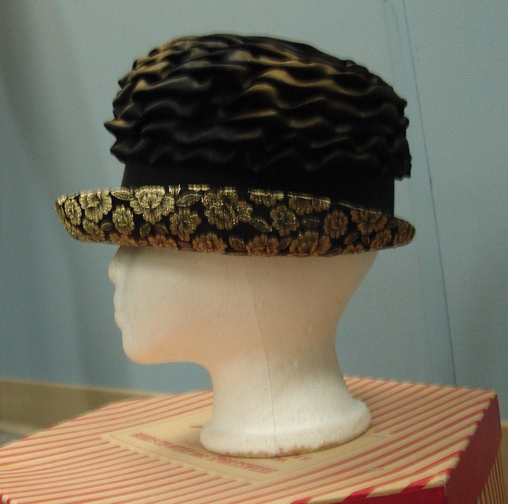 1960s Vintage Bronze Hat with Black Band and Gold Brocade Brim