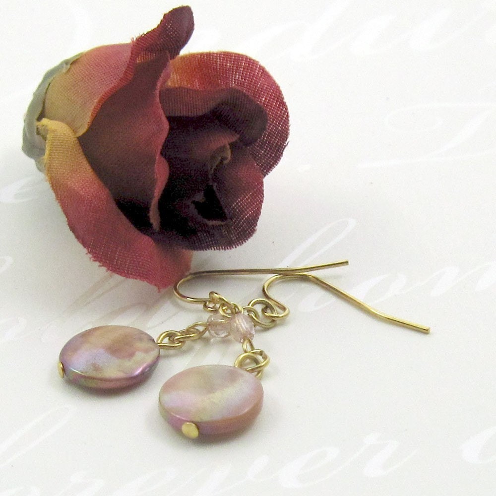 Tawny Pink Mother of Pearl and Crystal Drop Earrings - "Apricot Blush" Shell Earrings, Dainty Jewelry
