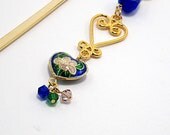 Royal Blue Beaded Bookmark w Cloisonne Heart Charm, Pink Rose Detail, Colorful Crystals - "Novel Hearts" Romantic Bookmark, Victorian Style