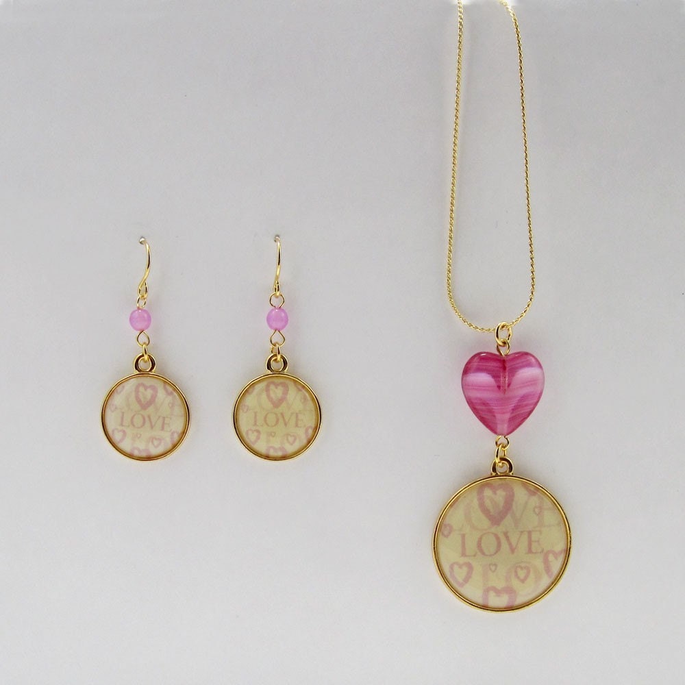 Love Themed Charm Necklace and Earring Set Ivory Pink - Whole Lotta Love