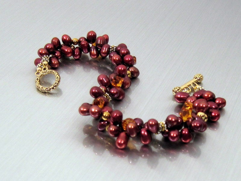 Cultured Pearl and Crystal Bracelet w Two Strands - Pomegranate and Mango