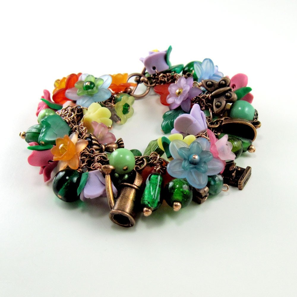 Gardener's Copper Charm Bracelet  w Flowers