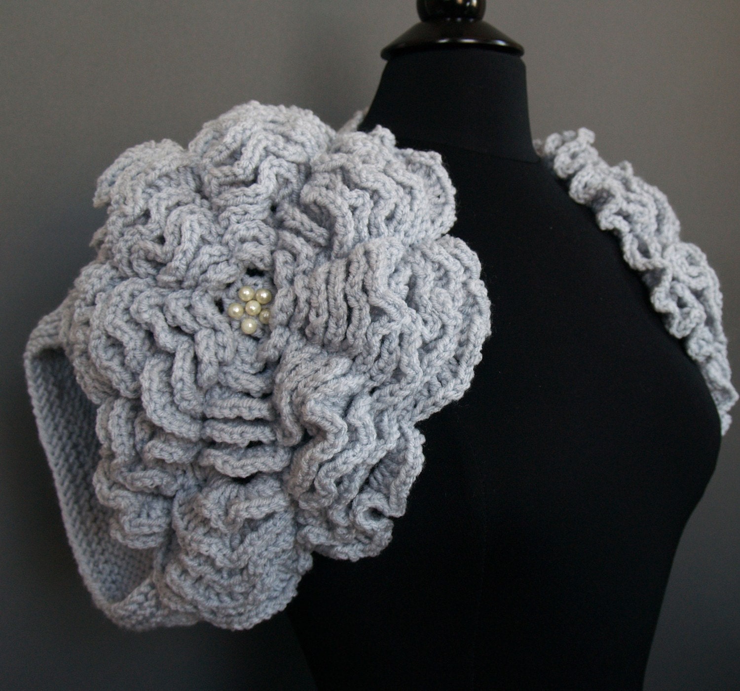 Big Flowers Shrug in Light Grey Color Handmade Ready to Ship