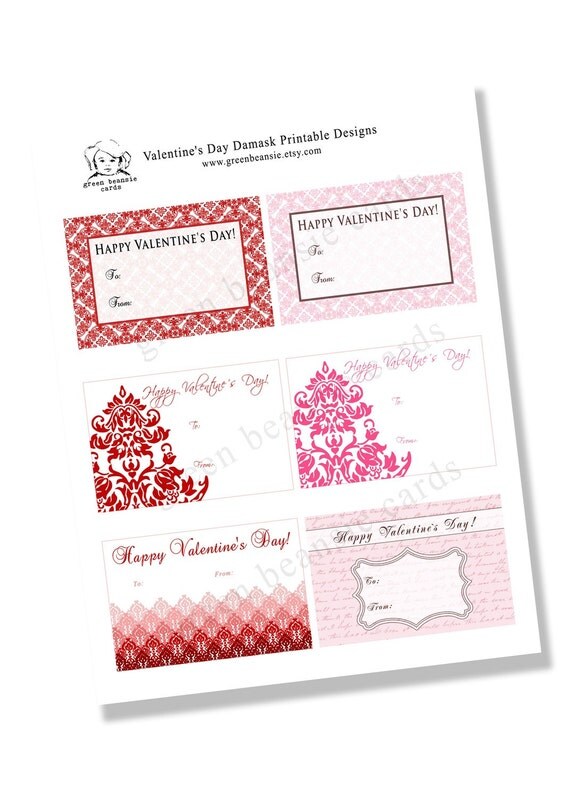 Buy gift tags and printable cards - 6 Valentine's Day Damask Printable Cards or Gift Tags