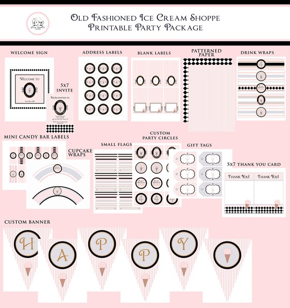 ICE CREAM SHOP Printable Party Decor Package and Invitation - Pink, Black, and White Il_570xn
