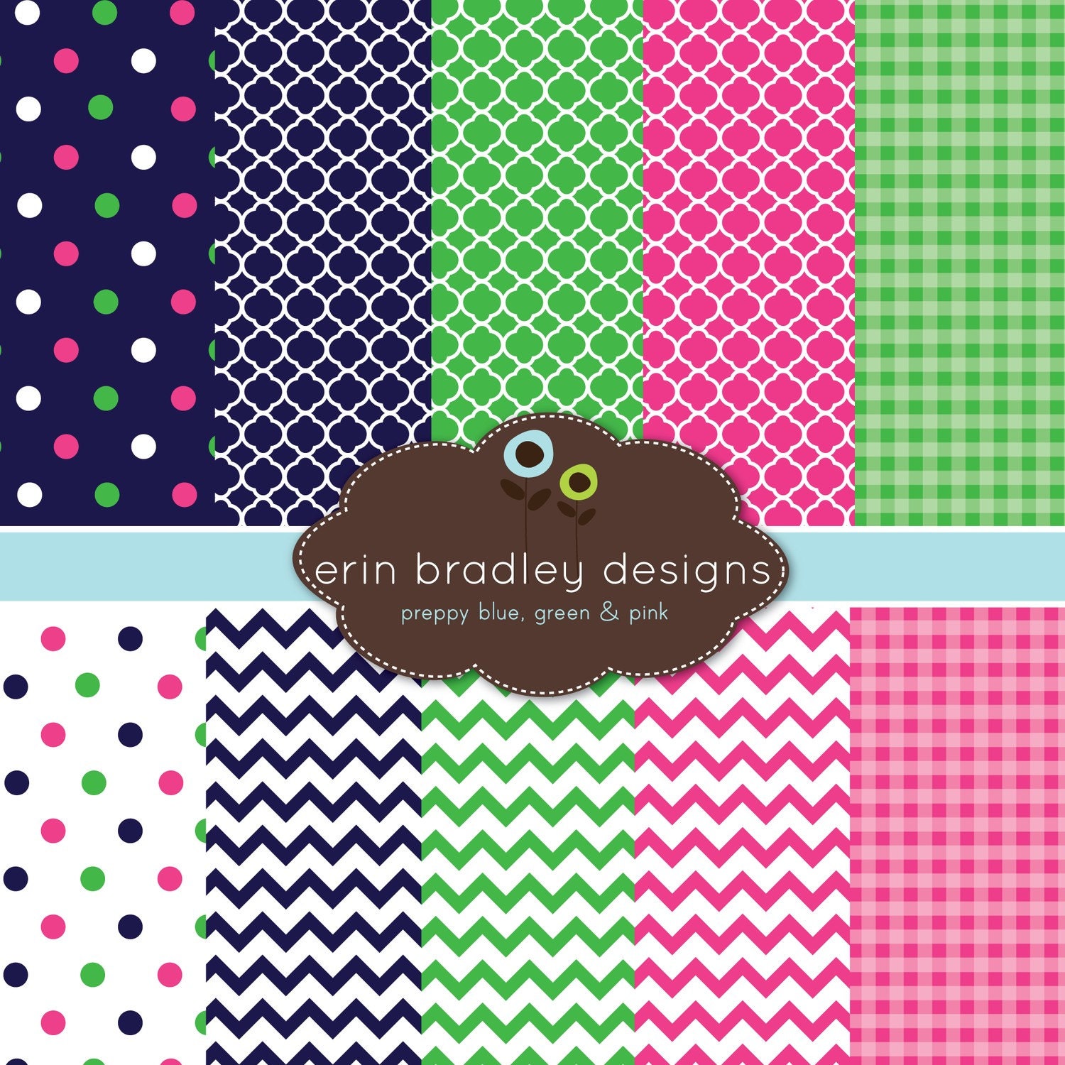 Digital Scrapbook Papers Personal and Commercial Use Preppy Navy Blue Pink and Green